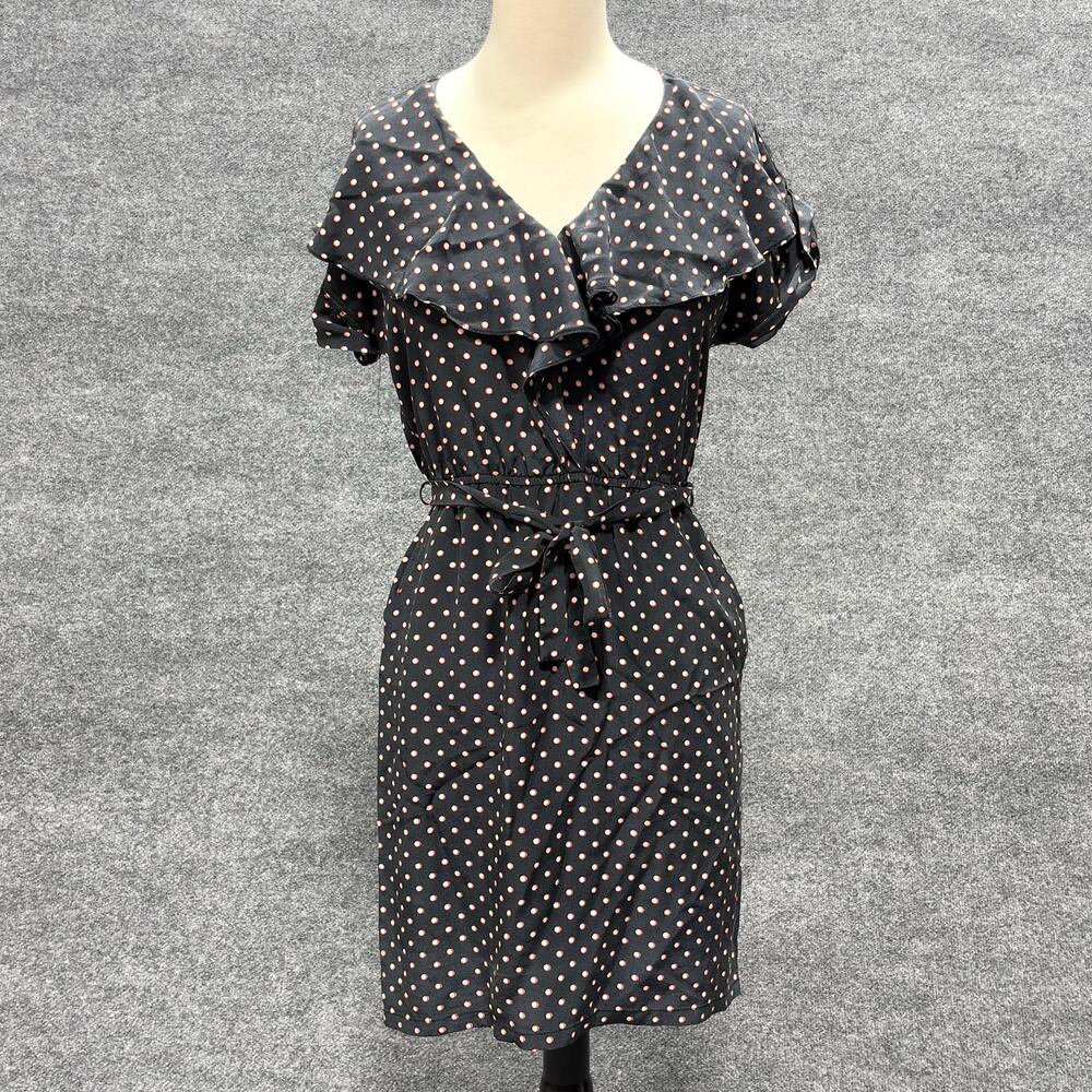 Presley Skye Dress Womens Small Blue Silk Polka Dot Ruffle Neck Tie Waist Midi
